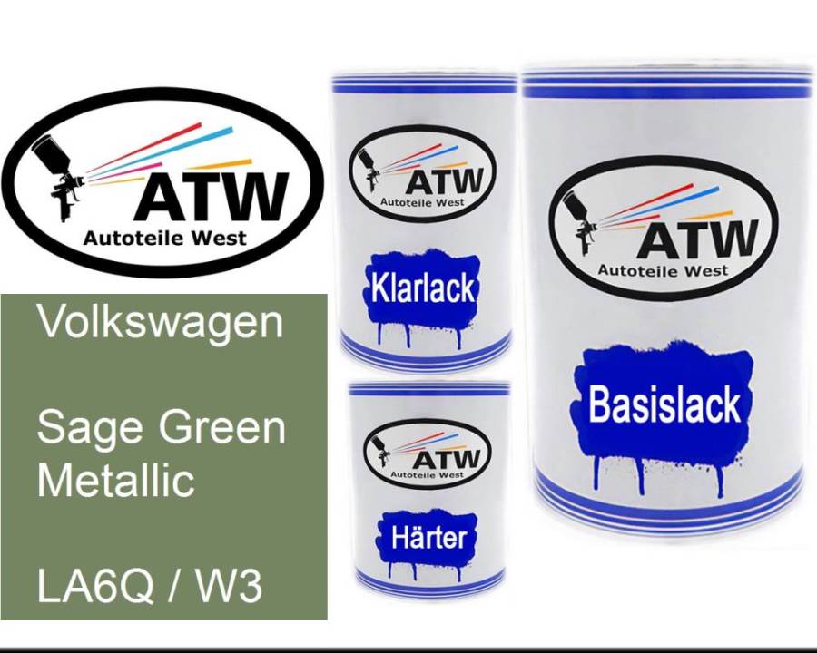 Volkswagen, Sage Green Metallic, LA6Q / W3: 500ml Lackdose + 500ml Klarlack + 250ml Härter - Set, von ATW Autoteile West.